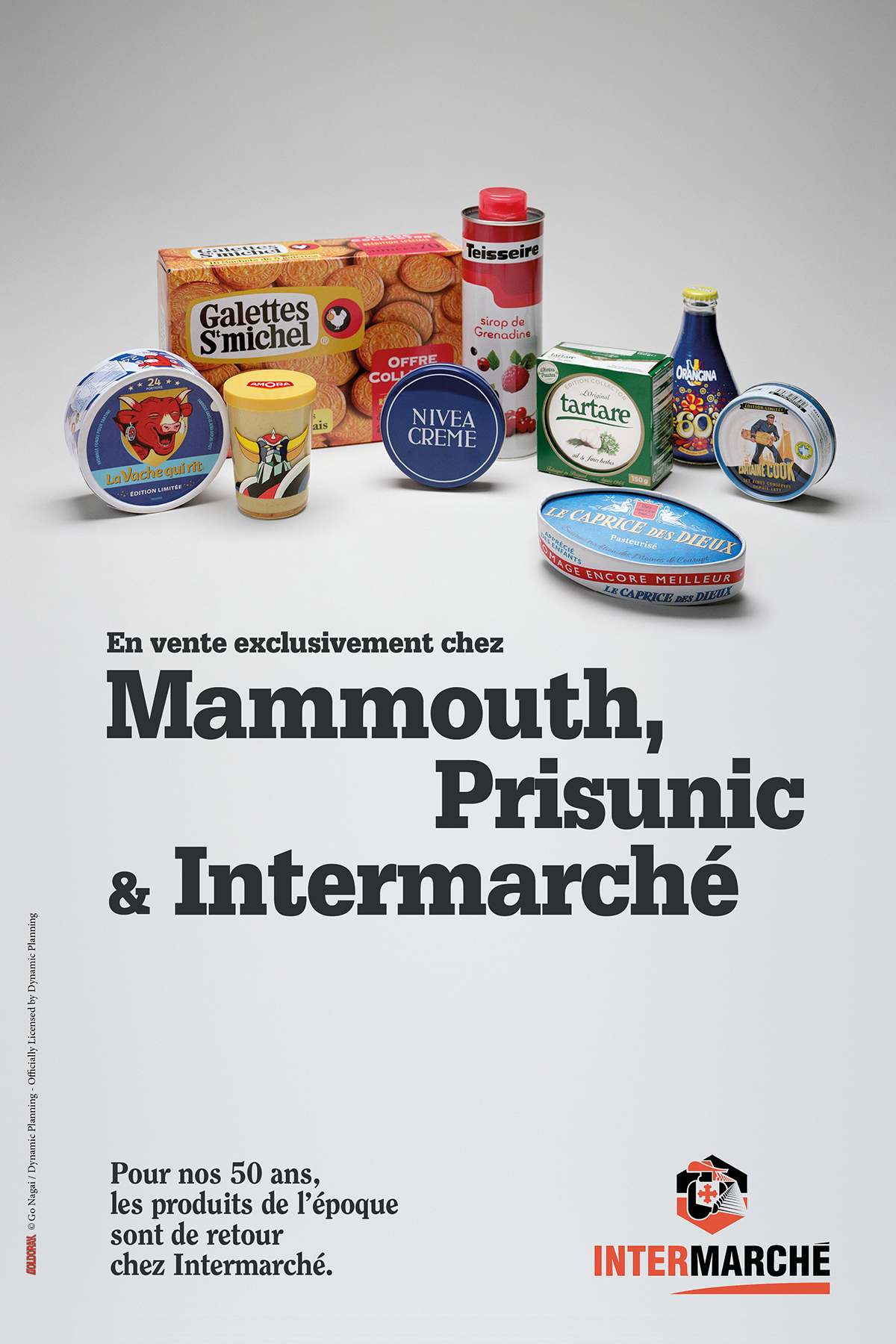 intermarche-50-ans-tf1-evelyne-leclercq-agence-romance-amora-capitaine-cook-caprice-des-dieux-galettes-st-michel-la-vache-qui-rit-nivea-orangina-tartare-teisseire-packaging-1960-1970