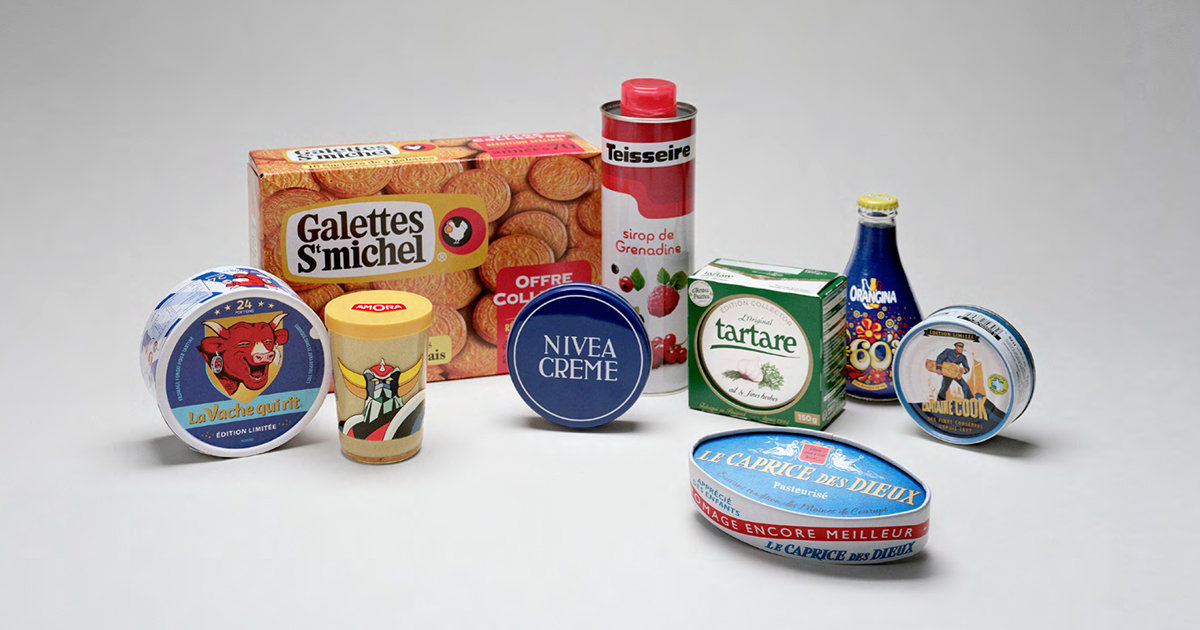 intermarche-50-ans-tf1-evelyne-leclercq-agence-romance-amora-capitaine-cook-caprice-des-dieux-galettes-st-michel-la-vache-qui-rit-nivea-orangina-tartare-teisseire-packagings-1960-1970