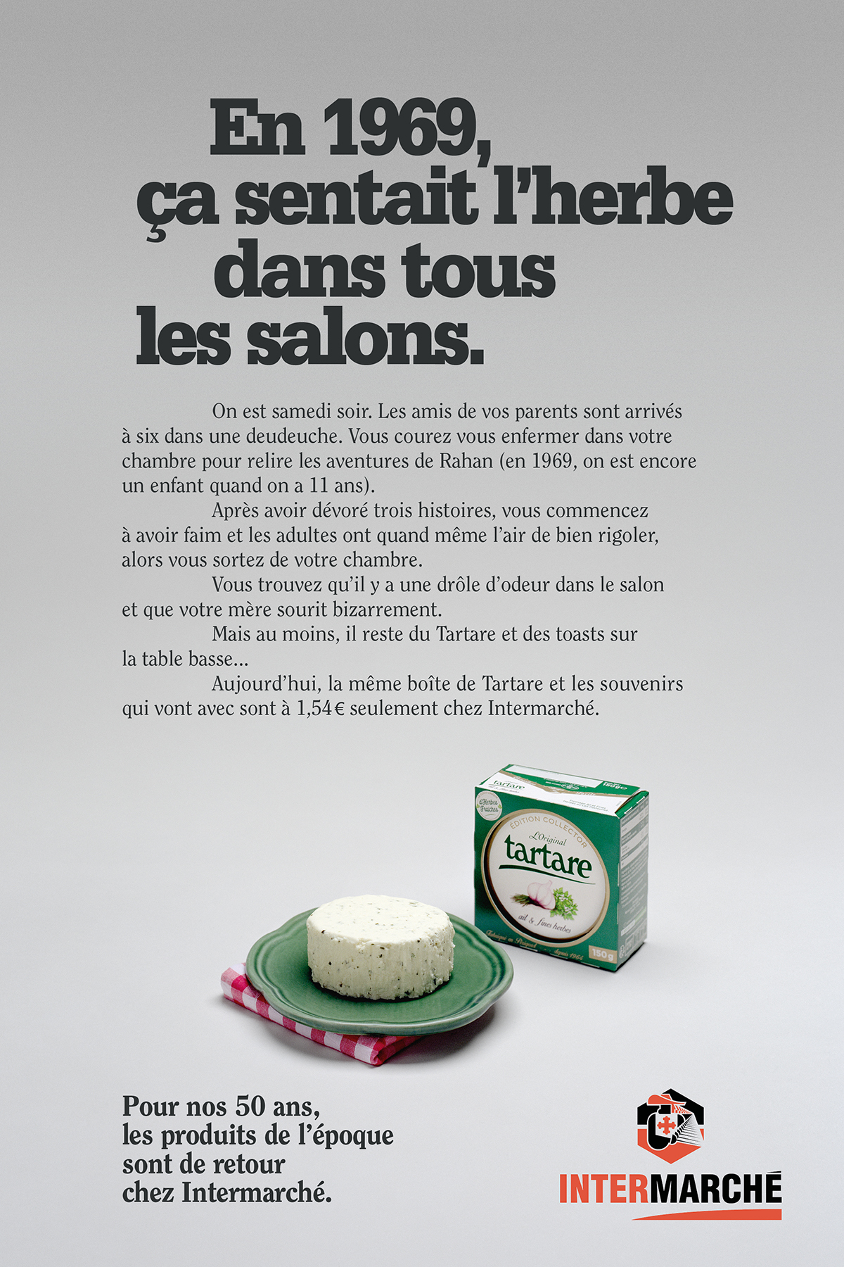 intermarche-50-ans-tf1-evelyne-leclercq-agence-romance-tartare-fromage-packaging-1960-1970