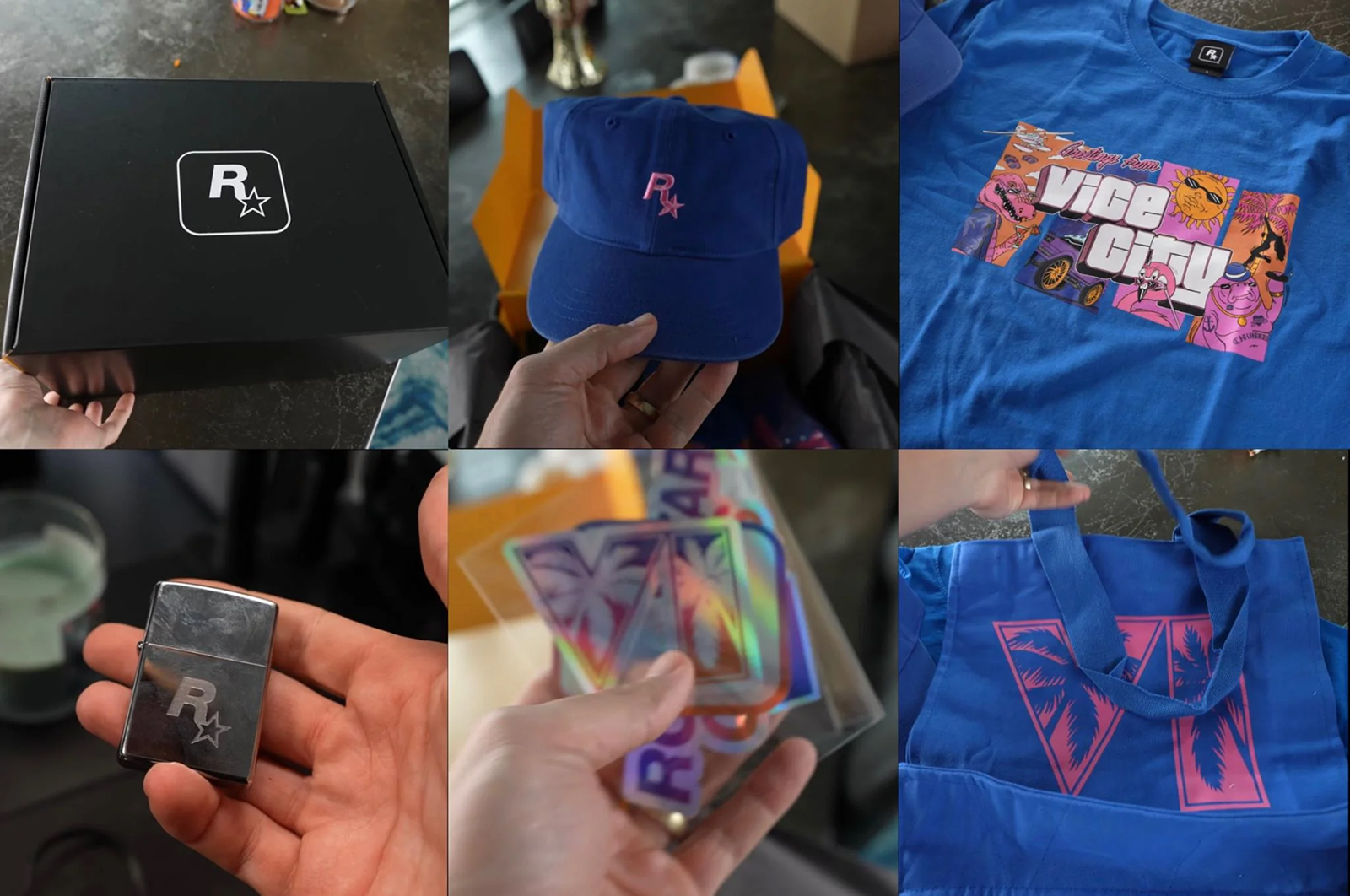 gta-vi-pr-boxes-unboxing-creators-influencers-video-games-blue-pink-tshirt-cap-tote-bag-lighter-stickers-grand-theft-auto-6-rockstar-games-september-2026